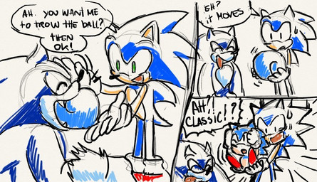 anthro biped black_eyes blue_body blue_fur bodily_fluids carrying_another clothing dialogue eyes_closed footwear fur gloves green_eyes group handwear humor in_mouth male open_mouth open_smile red_clothing red_footwear red_shoes shoes smile speech_bubble square_crossover surprised sweat text white_clothing white_gloves white_handwear drawloverlala classic_sonic_(universe) sega sonic_the_hedgehog_(series) sonic_unleashed classic_sonic sonic_the_hedgehog sonic_the_werehog eulipotyphlan european_hedgehog hedgehog mammal werecreature wereeulipotyphlan werehog 2015 comic english_text