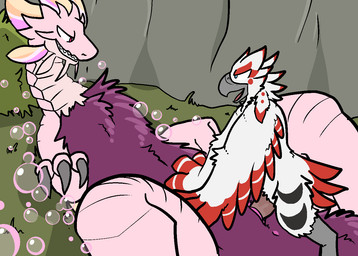 anthro anthro_on_feral bestiality blue_eyes bubble claws duo erection feathers female female_penetrated feral genitals grass larger_female larger_penetrated male male/female male_penetrating male_penetrating_female nude open_mouth outside penetration penis plant sex size_difference smaller_male smile tongue vaginal vulva trout_(artist) capcom monster_hunter mythology nintendo the_legend_of_zelda avian bird dragon leviathan_(mh) mizutsune mythological_creature mythological_scalie rito scalie 2018 aliasing digital_media_(artwork)