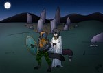 anthro bottomwear clothing druid duo female field full_moon grass magic_user male melee_weapon moon mountain pants plaid plant robe rock_circle shield sky star sword tattoo torque tribal_spellcaster weapon arwenscoots conditional_dnp canid canine fox gulonine mammal marten mustelid musteline pine_marten