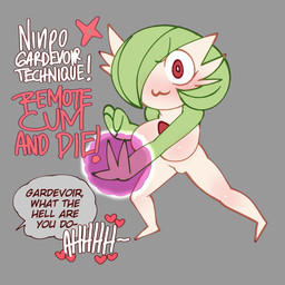3_fingers :3 big_breasts breasts chibi dialogue female fingers green_body green_hair hair hair_over_eye heart_symbol humor not_furry nude offscreen_character one_eye_obstructed red_eyes solo speech_bubble telekinesis text white_body saltyxodium nintendo pokemon gardevoir generation_3_pokemon pokemon_(species) 1:1 2022 absurd_res english_text hi_res