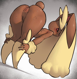 anthro bent_over big_butt big_ears black_sclera bodily_fluids brown_body brown_fur butt female female_anthro fur genital_fluids genitals long_ears looking_at_viewer looking_back looking_back_at_viewer nude nude_female presenting presenting_hindquarters red_eyes short_tail solo sweat tail vaginal_fluids vulva fir3born nintendo pokemon generation_4_pokemon lagomorph lopunny mammal pokemon_(species) hi_res