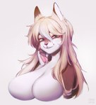 anthro big_breasts blonde_hair breasts female fingerpads green_eyes hair looking_at_viewer nude pawpads simple_background smile solo white_background indigo_cho canid canine mammal bust_portrait hi_res portrait