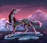 ambiguous_gender blue_eyes detailed_background dusk feral ice iceberg looking_back paws quadruped raised_paw solo standing fennefox equid equine fantasy_creature horse mammal monster unknown_species absurd_res hi_res