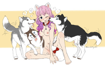 accessory animal_genitalia animal_penis bestiality bow_(feature) bow_accessory bow_ribbon breasts collar directed_motion_outline female feral fur furgonomics genitals group heart_reaction heart_symbol interspecies licking male motion_lines motion_outline nipples nude path_lines penis ribbons sheath smile tail tail_accessory tail_bow tail_motion tail_ribbon tailwag tongue tongue_out denmoko animal_humanoid canid canine canis cat_humanoid domestic_dog felid felid_humanoid feline feline_humanoid felis humanoid mammal mammal_humanoid hi_res