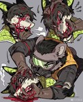 angry anthro black_hair blood bodily_fluids breath brown_clothing brown_gloves brown_handwear clothed clothing duo eyewear gas_mask gloves goggles green_inner_ear grey_background grey_body hair handwear male mask simple_background violence zhang_gun canid canine mammal hi_res