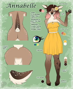 accessory anthro butt clothed clothing dress eyelashes eyes_closed female fetlocks flower flower_in_hair fluffy fluffy_shoulders fluffy_tail freckled_back freckled_face freckled_hips freckled_shoulders freckled_tail freckles gesture hair hair_accessory highlights_(coloring) hooves long_eyelashes multicolored_eyes plant rose_(flower) shoulderless_dress smile solo spots spotted_legs tail text waving waving_at_viewer angie_imagines annabelle_(angie_imagines) deer mammal absurd_res english_text hi_res model_sheet