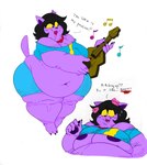 4_fingers anthro areola belly big_belly big_breasts black_hair black_nose bodily_fluids breasts clothed clothing eyelashes female fingers fur hair holding_object jewelry lute musical_instrument musical_note musical_symbol navel necklace nipples obese obese_anthro obese_female open_mouth overweight overweight_anthro overweight_female plucked_string_instrument purple_body purple_fur purple_nipples simple_background solo string_instrument sweat symbol teeth text thick_thighs ukulele under_boob white_background yellow_sclera completedreame1 redphlannel deltarune undertale_(series) catty_(undertale) domestic_cat felid feline felis mammal 2021 english_text hi_res