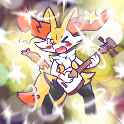 ambiguous_anthro ambiguous_gender anthro biped blush blush_stickers bracelet cute_fangs digitigrade dipstick_tail fangs food front_view holding_musical_instrument holding_object jewelry looking_at_viewer markings musical_instrument necklace object_in_tail one_eye_closed open_mouth open_smile plucked_string_instrument shamisen shrimp_(food) simple_background smile snout solo sparkles standing star_accessory string_instrument tail tail_markings teeth wink winking_at_viewer annyui0611 nintendo pokemon braixen canid generation_6_pokemon mammal pokemon_(species) 1:1 2025 digital_drawing_(artwork) digital_media_(artwork) full-length_portrait hi_res portrait