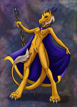 anthro areola breasts cheek_tuft claws cloak cloak_only clothing crotch_tuft digitigrade dragon_tail facial_tuft female fingers genitals gold_body hair head_spikes holding_object horn looking_at_viewer magic_staff mostly_nude mostly_nude_anthro mostly_nude_female nipples non-mammal_breasts non-mammal_nipples purple_eyes simple_background smile solo spikes spikes_(anatomy) staff tail tail_tuft tuft vulva caribou_(artist) mythology tachyion_(defenbaugh_bahumot) dragon mythological_creature mythological_scalie scalie 2014