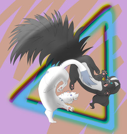 abstract_background black_body black_fur dancing duo eyewear feral fur glasses hair jumping long_hair male mane white_body white_fur alpha_(artist) alpha_(alphacrow) tass_(tassy) mammal mephitid mustelid musteline skunk stoat true_musteline weasel absurd_res digital_drawing_(artwork) digital_media_(artwork) hi_res nonbinary_(lore)