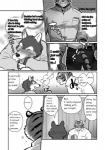 2014 akira_(maririn) anthro blush bottomwear butt canid canine canis clothing comic dialogue duo felid greyscale hi_res japanese_text kazuhiro_nakata male male/male mammal maririn monochrome muscular pantherine pants shirt text tiger tongue tongue_out topwear translated wolf