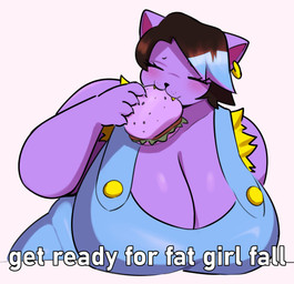 anthro big_breasts black_hair blue_clothing blue_highlights blue_overalls breasts burger cleavage clothed clothed_anthro clothed_female clothing ear_piercing ear_ring eating eating_food eyes_closed fangs female female_anthro fingers food front_view glamburger hair highlights_(coloring) holding_burger holding_food holding_object huge_breasts overalls overweight overweight_anthro overweight_female piercing purple_body purple_ears ring_piercing simple_background solo teeth text white_background white_text samirachuni fat_girl_fall undertale_(series) catty_cattenheimer domestic_cat felid feline felis mammal 2025 absurd_res digital_media_(artwork) english_text hi_res portrait