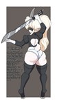 2_horns anthro armwear big_butt blindfold bottomwear butt clothed clothing cosplay femboy fur hair hooves horn legwear machete male melee_weapon ponytail rear_view simple_background skimpy solo text thigh_highs tight_bottomwear tight_clothing weapon white_body white_fur white_hair zelripheth nier_automata platinumgames square_enix zel_vilkoinen_(zelripheth) bovid caprine goat mammal absurd_res english_text hi_res