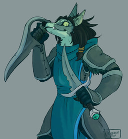 anthro armor claws cloth clothing dagger dual_wielding female fur hair holding_object holding_weapon looking_at_viewer melee_weapon simple_background smile solo standing teeth weapon yellow_eyes peppermintbat_(artist) blizzard_entertainment warcraft canid mammal werecanid werecreature worgen hi_res