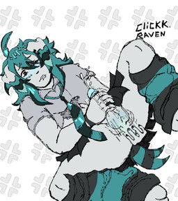 anthro bottomwear brown_eyes clothing feminine fur gesture grey_body grey_fur grey_hair hair hand_gesture handjob_gesture legwear lying machine male masturbation necktie on_back skirt spread_legs spreading suggestive suggestive_gesture teal_hair tense clickk.raven coda_(wolfxfangz) canid canine canis domestic_dog humanoid mammal robot absurd_res hi_res