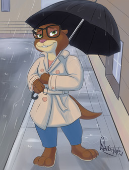 anthro barefoot clothing coat eyewear feet female glasses public raincoat raining solo street topwear umbrella wearing_glasses daison_the_fox disney zootopia sam_(zootopia) mammal mustelid otter hi_res