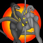 1:1 anthro balls blue_(jurassic_world) breasts dancing dinosaur duo female genitals hi_res humanoid_genitalia humanoid_pussy indoraptor jurassic_park jurassic_world looking_at_viewer male nipples pole pole_dancing pussy reptile rorrek scalie sharp_teeth simple_background stripper_pole teeth theropod tongue tongue_out universal_studios