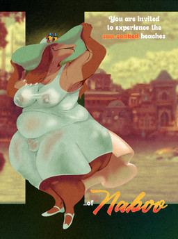 advertisement anthro balls big_butt black_eyes brown_body brown_ears brown_nipples bulge butt city clothed clothing detailed_bulge dress footwear genital_outline genitals green_clothing green_dress green_footwear green_hat green_headwear green_shoes gynomorph half-closed_eyes hand_on_hat hat headgear headwear huge_butt intersex looking_at_viewer multicolored_body narrowed_eyes nipple_outline nipples no_underwear obese obese_anthro obese_intersex outside overweight overweight_anthro overweight_gynomorph overweight_intersex penis penis_outline shoes small_balls small_penis smile solo standing sun_hat sundress text thick_thighs three-quarter_view translucent translucent_clothing translucent_dress two_tone_body yellow_sclera pokonuki star_wars jar_jar_binks alien amphibian gungan otolla_gungan 2026 absurd_res digital_media_(artwork) english_text hi_res