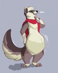 abdominal_bulge after_vore anthro cape clothing digestion_noises eyewear fluffy fluffy_tail glasses green_eyes open_mouth oral_vore simple_background solo tail vore slimyjaws milo_(slimyjaws) domestic_ferret mammal mustelid musteline true_musteline weasel hi_res nonbinary_(lore)