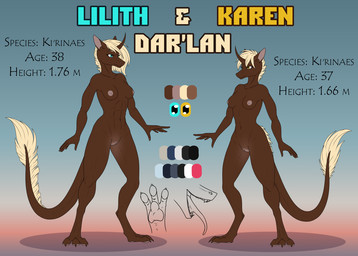 anthro breasts clothing duo equis_universe female genitals muscular muscular_anthro muscular_female nipples nude outline paws police police_uniform text uniform vulva sunny_way karen_dar'lan lilith_dar'lan ki'rinaes digital_media_(artwork) english_text model_sheet