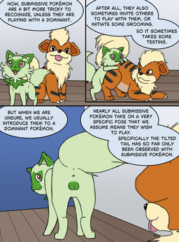 ambiguous_gender anus balls butt dialogue duo feral fur genitals green_body green_fur looking_back male open_mouth orange_body orange_fur playing presenting presenting_anus presenting_balls presenting_hindquarters simple_background striped_body stripes tail text tongue donnerkat nintendo pokemon canid canine felid feline generation_1_pokemon generation_9_pokemon growlithe mammal pokemon_(species) sprigatito animated animated_comic animated_webp comic hi_res no_sound