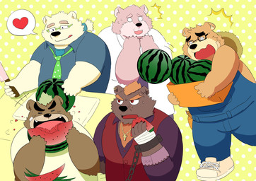 anthro brown_body brown_fur clothed clothing eating eyes_closed eyewear food fruit fur glasses group hat headgear headwear heart_symbol humanoid_hands male melon mohawk necktie overalls overweight overweight_male pink_body pink_fur plant shirt straw_hat topwear watermelon white_body white_fur shir0anko lifewonders tokyo_afterschool_summoners ashigara_(tas) barguest_(tas) jambavan_(tas) leib_(tas) volos_(tas) bear mammal polar_bear ursine 2018 absurd_res hi_res