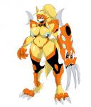 anthro armor big_breasts big_claws blonde_hair blue_eyes breasts claws curvy_figure female fur hair kemono machine midriff navel ponytail solo thick_thighs voluptuous wide_hips yellow_body yellow_fur woory super_robot_wars victora canid canine mammal robot 2009