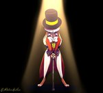 anthro barefoot black_background clothed clothing ears_down feet female fur hat headgear headwear leg_markings light markings pivoted_ears ringleader simple_background socks_(marking) solo spotlight standing top_hat white_body white_fur ribbontini lagomorph leporid mammal rabbit 2018 hi_res lighting signature