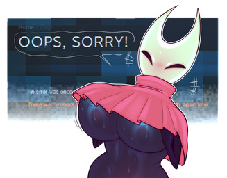 areola areola_slip big_breasts blue_areola blush bodily_fluids breasts clothed clothing dialogue female holding_breast huge_breasts navel partially_clothed red_clothing red_topwear solo speech_bubble sweat text topwear under_boob raikissu hollow_knight_(franchise) steam_(software) team_cherry valve valve_corporation hornet_(hollow_knight) arthropod 2025 english_text hi_res
