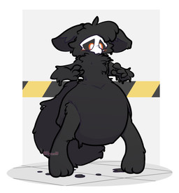 after_transformation ambiguous_gender anthro arms_bent big_diaper big_tail black_body blush blush_lines chest_tuft clothed clothing diaper dripping ears_down fluffy fluffy_hair fluffy_tail hair inside laboratory latex liquid_latex orange_eyes permanent permanent_transformation pivoted_ears solo standing tail tuft twitter_handle wearing_diaper rapoof changed_(video_game) rapoof_(character) canid canine goo_creature mammal 2023 absurd_res hi_res