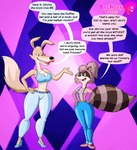 anthro big_breasts breasts clothed clothing dialogue duo female footwear fur hair high_heels lipstick makeup open_mouth ponytail seductive shoes smile sneakers text thick_thighs wide_hips blu3danny blinky_bill_(series) the_raccoons daisy_dingo lisa_raccoon canid canine canis dingo mammal procyonid raccoon 2023 digital_media_(artwork) english_text hi_res