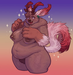 4_fingers anthro breasts brown_body brown_fur claws female fingers fur gradient_background horn implied_transformation looking_aside navel nipples nude obese open_mouth overweight overweight_anthro pubes simple_background smile solo sparkles tail had_my_way species_request 2025 digital_media_(artwork)