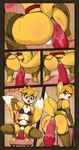 2_tails abdominal_bulge anal anal_masturbation anthro breast_padding canid canine chastity_cage chastity_device clothed clothing comic crossdressing femboy fox fur genitals gold_(metal) gold_chastity_cage gold_chastity_device hi_res husdur male mammal masturbation miles_prower multi_tail sega solo sonic_the_hedgehog_(series) tail yellow_body yellow_fur