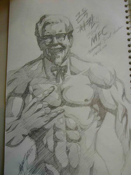 eyewear glasses humor looking_at_viewer male manly mfc muscular muscular_male navel nipples not_furry nude parody ribbons smile solo what what_has_science_done unknown_artist kfc colonel_sanders human mammal 3:4 greyscale monochrome sketch