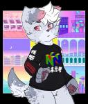 ambiguous_gender anthro clothing colorful_background fur grey_body grey_fur hair handpaw lo-fi open_mouth pawpads paws red_eyes shirt solo sweater tail text text_on_clothing text_on_shirt text_on_topwear topwear conditional_dnp ikitsunyan nintendo chiaki_rider_(ikitsunyan) australian_shepherd canid canine canis domestic_dog herding_dog mammal pastoral_dog sheepdog 2019 absurd_res alpha_channel colorful_theme digital_drawing_(artwork) digital_media_(artwork) hi_res japanese_text pixel_(artwork)