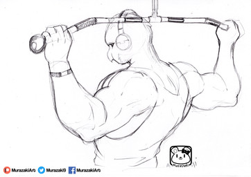 anthro beak clothing electronics exercise headphones male muscular muscular_anthro muscular_male rear_view shirt simple_background solo tank_top topwear white_background murazaki avian bird 2019 hi_res sketch traditional_media_(artwork)