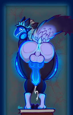 against_surface anthro anus backsack balls big_penis bodily_fluids book butt cum fur genital_fluids genitals glowing glowing_anus glowing_genitalia glowing_penis huge_penis knot leaking_cum looking_at_viewer machine male on_glass penis presenting presenting_hindquarters simple_background smile solo standing tail thick_thighs throbbing throbbing_penis visor parazyte666 protogen hi_res shaded
