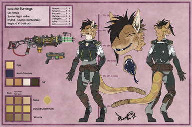 angry armor belt black_hair blue_mouth boots brown_body brown_fur clothed clothing female footwear forked_tongue fur gloves gun hair handgun handwear mane pistol ranged_weapon rifle scales shoes smile standing teeth text tongue weapon yellow_eyes blokfort fallout microsoft canid canine canis coyote hybrid mammal night_stalker_(fallout) pit_viper rattlesnake reptile scalie snake viper 2026 english_text model_sheet