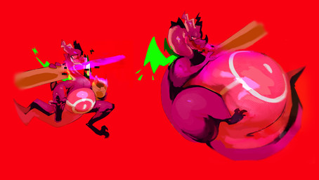 anthro belly big_belly huge_belly inflation purple_body red_background simple_background solo thick_thighs 80sarchosaur mythology dragon mythological_creature mythological_scalie scalie 2021 absurd_res hi_res