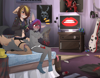 5_fingers 5_toes anthro bed bedroom beverage_can blonde_hair blush bow_panties bow_underwear breasts brown_body brown_fur brown_hair bulge chain clothed clothing collar crossdressing detailed_background dressing duo eyeshadow feet female femboy fingers fishnet_clothing footwear front-print_panties fur furniture garter_straps guitar_case hair heterochromia humanoid_feet inside jacket legwear makeup male multicolored_hair open_clothing open_jacket open_topwear panties panties_only plantigrade print_clothing print_panties print_underwear pubes sitting skull_panties small_breasts smile socks spray_box stockings toes topless topwear two_tone_hair underwear underwear_only white_clothing white_panties white_underwear young young_anthro gothbunnyboy ketzio donnie_darko frank_the_rabbit kas_(ketzio_and_gbb) canid canine canis jackal mammal 2015 absurd_res artist_collaboration hi_res