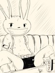 anthro belt belt_buckle beverage_can buckle clothing erection fur furniture male simple_background sofa solo underwear komodo89 sam_and_max max_(sam_and_max) lagomorph leporid mammal rabbit absurd_res hi_res