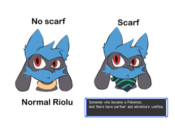 after_transformation ambiguous_gender anthro black_body black_fur blue_body blue_fur comparison fur harmony_scarf implied_transformation kerchief red_eyes scarf simple_background solo text text_box white_background yellow_body yellow_fur oshoku_momiji nintendo pokemon pokemon_mystery_dungeon spike_chunsoft canid canine generation_4_pokemon mammal pokemon_(species) riolu 4:3 english_text headshot_portrait hi_res portrait