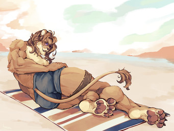 4_toes anthro beach feet fur lying male nipples on_side pawpads pink_nipples solo tail tail_tuft tan_body tan_fur toes tuft r0ugers epic_games fortnite kingston_(fortnite) felid lion mammal pantherine 2025 4:3 colored hi_res
