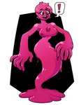 5_fingers breasts exclamation_point female fingers green_eyes nipples not_furry open_mouth pink_body simple_background slime_core smile solo artist-chan goo_creature goo_humanoid humanoid 2021