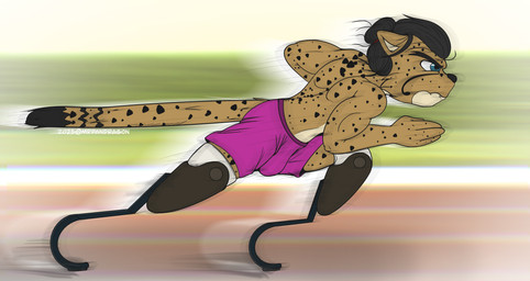 amputated amputee anthro athletic blind_eye bulge disability male male_anthro muscular muscular_male ocular_prosthetic prosthetic prosthetic_leg prosthetic_limb running running_blades sports_outfit stumps mrpandragon cheetah felid feline mammal absurd_res hi_res