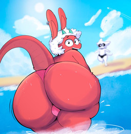 anthro beach big_butt butt duo ear_piercing fur green_horn hair horn huge_butt looking_at_viewer looking_back male piercing red_body red_fur tail white_body white_hair disastercat mythology nick_(disastercat) terry_brown domestic_cat dragon felid feline felis hybrid lagomorph leporid mammal mythological_creature mythological_scalie rabbit scalie hi_res