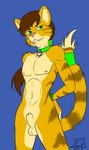 anthro biped blue_background bound brown_hair collar collar_only genitals green_collar green_eyes green_rope hair hands_tied male nude penis pink_nose rope simple_background solo goliathcpg felid feline mammal 2017 hi_res