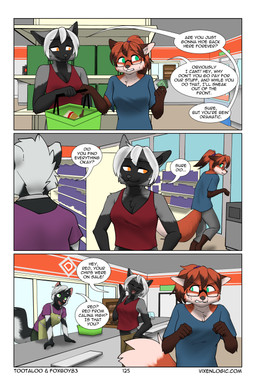 angry anthro apron athletic barefoot basket black_body black_fur blue_clothing blue_shirt blue_topwear bodily_fluids bottomwear breasts brown_bottomwear brown_clothing brown_hair brown_markings brown_pants cheek_tuft chest_tuft cleavage clenched_teeth clothed clothing container dialogue digitigrade dipstick_ears dipstick_hair dipstick_tail ear_markings eyes_closed eyewear facial_tuft feet female fist fully_clothed fur glasses gloves_(marking) green_eyes grey_body grey_bottomwear grey_clothing grey_fur grey_pants group hair inside leg_markings markings multicolored_ears orange_eyes pants ponytail purple_clothing purple_shirt purple_topwear red_body red_clothing red_fur red_hair red_shirt red_tank_top red_topwear shirt short_hair slim sneaking socks_(marking) speech_bubble standing store sweat sweatdrop tail tail_markings tank_top teeth text topwear trio tuft walking white_body white_fur white_hair foxboy83 tootaloo vixen_logic gale_(vixen_logic) red_(vixen_logic) silver_(vixen_logic) canid canine fox mammal mephitid red_fox silver_fox skunk spotted_skunk true_fox colored comic digital_media_(artwork) english_text hi_res shaded url