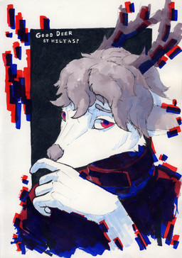 2_horns 5_fingers abstract_background anthro antlers black_clothing clothed clothing collar eyebrows fingers fur glitch grey_hair grey_horn hair horn looking_at_viewer male pivoted_ears red_collar red_eyes short_hair simple_background snout solo text thinking thoughtful_expression topwear tuft white_background white_body white_fur hilyasp gooddeer deer mammal new_world_deer reindeer 2025 absurd_res artist_name bust_portrait colored english_text hi_res marker_(artwork) painting_(artwork) pen_(artwork) portrait shaded signature simple_shading traditional_media_(artwork)