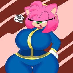 abstract_background accessory anthro big_breasts bodysuit breasts clothing curvy_figure dialogue eyelashes female fur gloves green_eyes hair hand_on_hip handwear headband hourglass_figure huge_breasts multicolored_body multicolored_fur pink_body pink_fur pink_hair short_hair simple_background skinsuit small_waist smile solo standing tan_body tan_fur text thick_thighs tight_clothing tongue two_tone_body two_tone_fur vault_suit wide_hips 3barts fallout microsoft sega sonic_the_hedgehog_(series) amy_rose eulipotyphlan hedgehog mammal 1:1 2022 absurd_res digital_media_(artwork) english_text hi_res